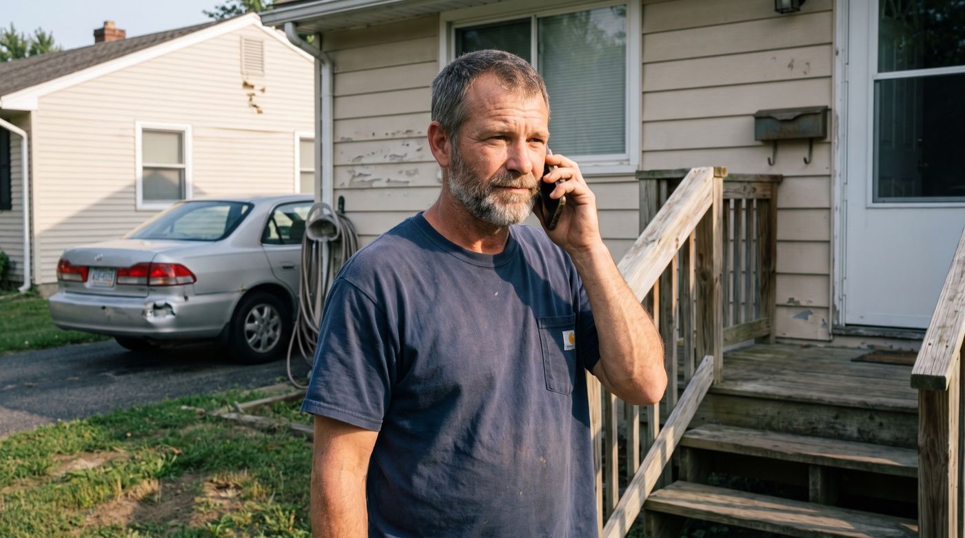 A man on his porch on a phone call about his accident case