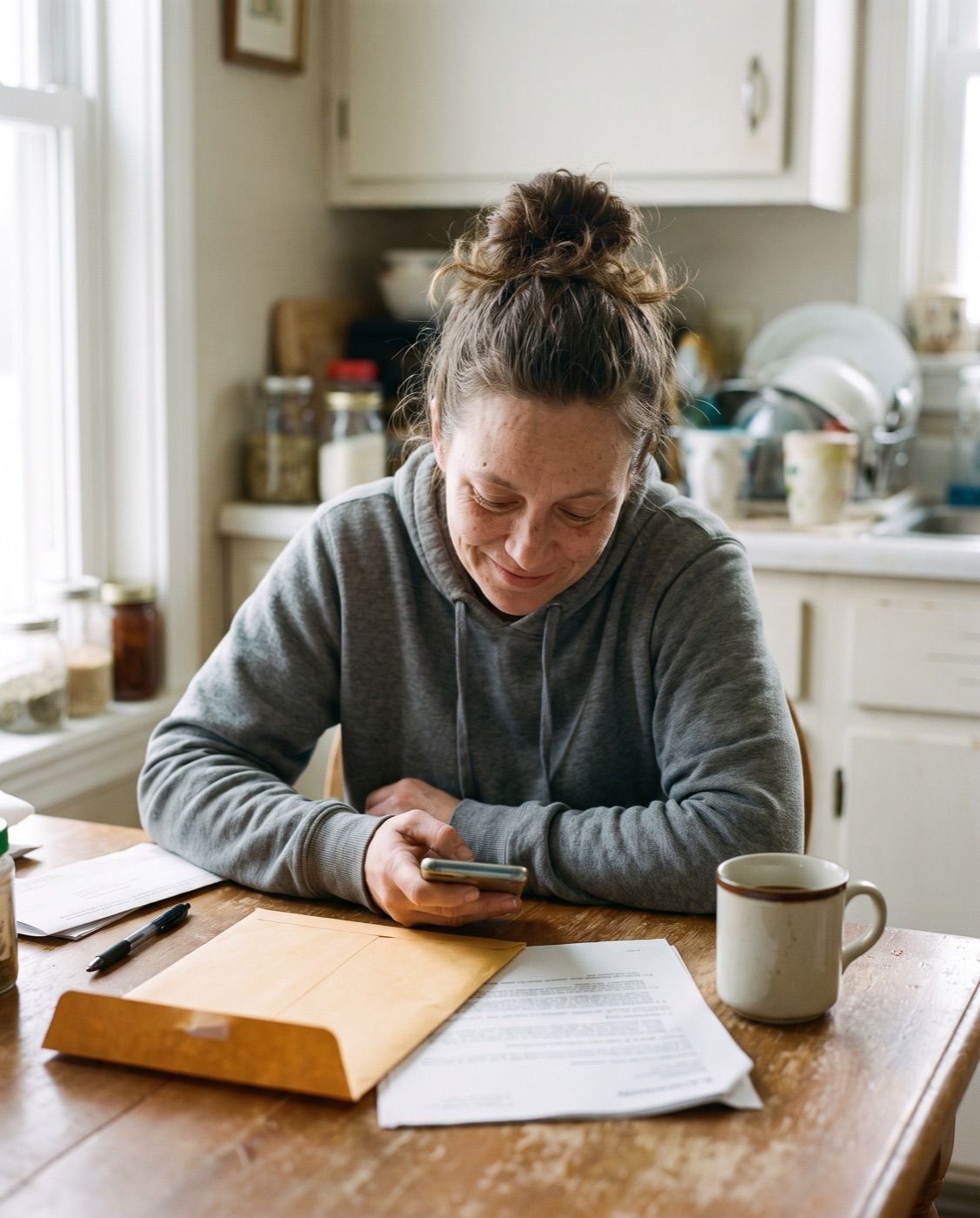A woman at her kitchen table looking at her phone